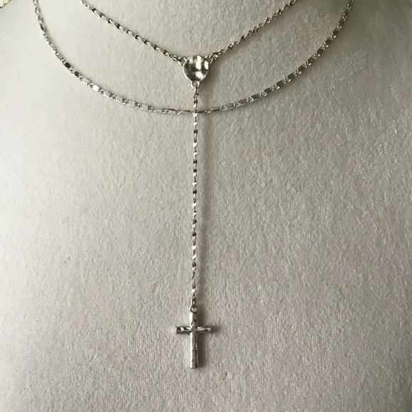 Cross Necklace Delicate 3-Chain Silver-Tone Waterfall Rosary Style Boho Feminine - Picture 3 of 8